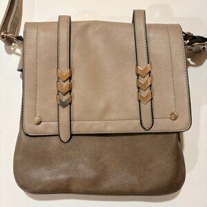ALYSSA Double Compartment Flap Crossbody Bag Taupe Faux Leather Gold Hardware